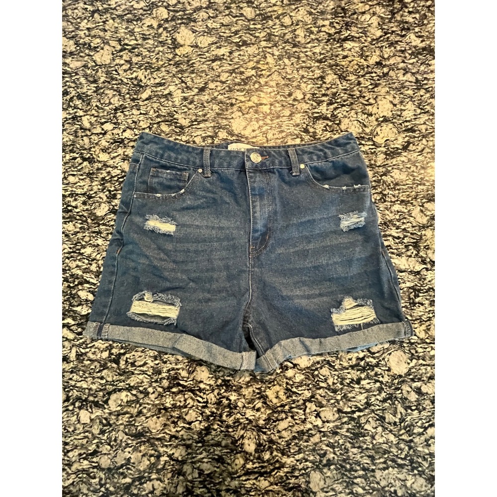 Fashion Nova Distressed Denim Shorts Medium Wash Cuffed High Waisted Blue